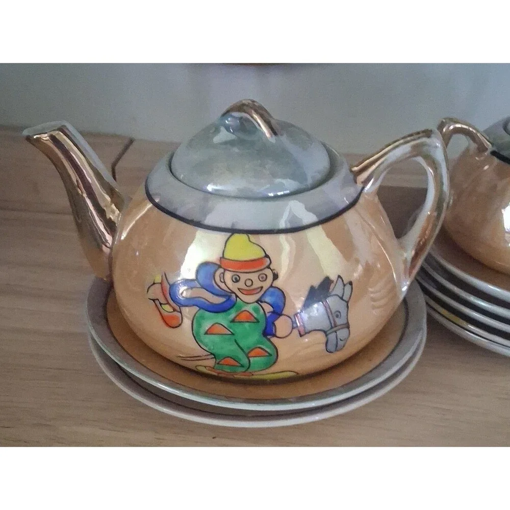 Antique Tea Set, Japan Lusterware clown, Teapot, Sugar, saucers and plates 11